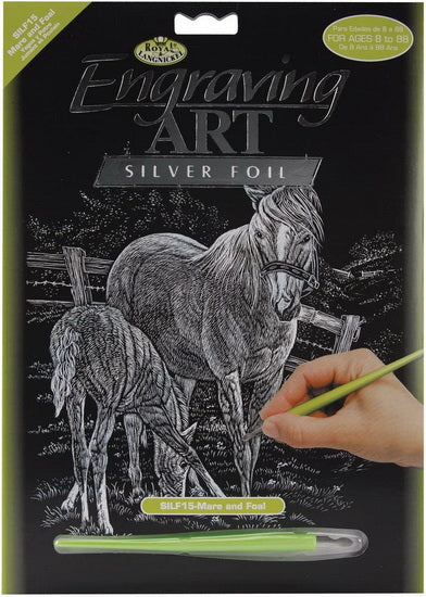 Gravure feuille argent Cheval et poulain