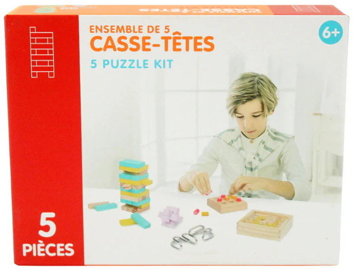 Ens. 5 casse-têtes en bois et métal
